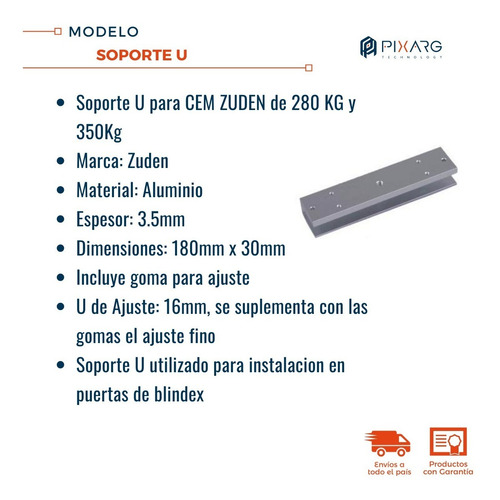 Imagen 2 de 6 de Herraje Soporte U Para Cerradura Electromagnética De 280kg