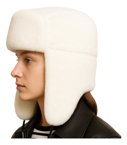 Gorro Esquimal Ruso Con Orejas De Piel Premium Blanco/crudo Único Lisa
