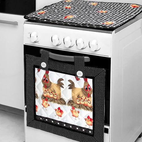 Cortina Forno + Capa P/ Tampa Fogão 4 Bocas -lindas Estampas Cor Galinha Pintadinha