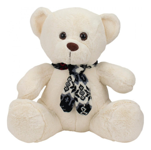 Urso Branco Com Cachecol Preto Estampado Em Pelúcia 40 Cm Cor Marrom-escuro