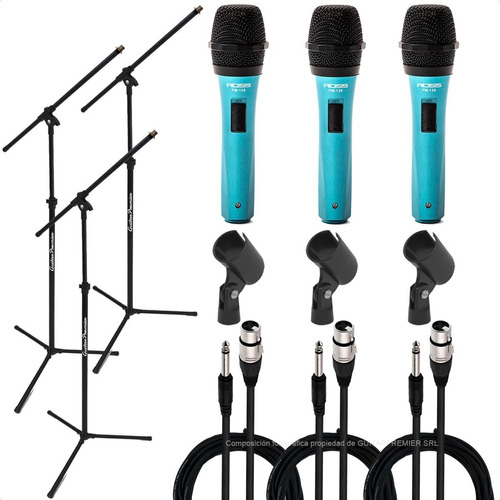 3 Microfonos Dinamicos + 3 Pies + 3 Pipetas + 3 Cables Envio