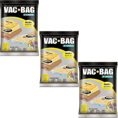 Kit 3 Sacos Vácuo Vac Bag Ordene Médio 45x65 Protetor Roupas