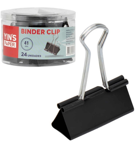Prendedor De Papel Binder Clip 41mm Pote Com 24 Peças Metal Cor Preto