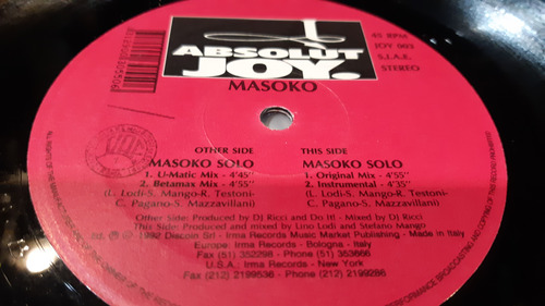 Masoko Masoko Solo Vinilo Maxi Italy 1992 Muy Buen Estado