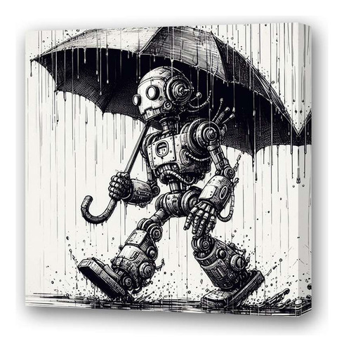 Cuadro 60x60cm Robot Paraguas Lluvia Dibujo Rain Walk M4