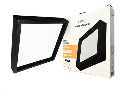 Painel Recuado Led Preto Sobrepor 24w Quadrado 28x28 Quente 110v/220v