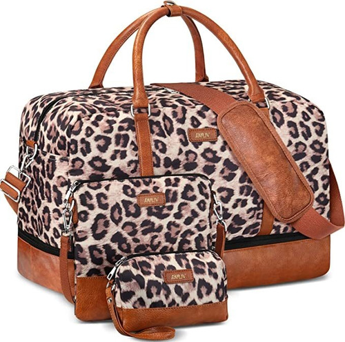 Kit Bolso De Viaje+ Cartera + Neceser Leopardo Rosa Marron