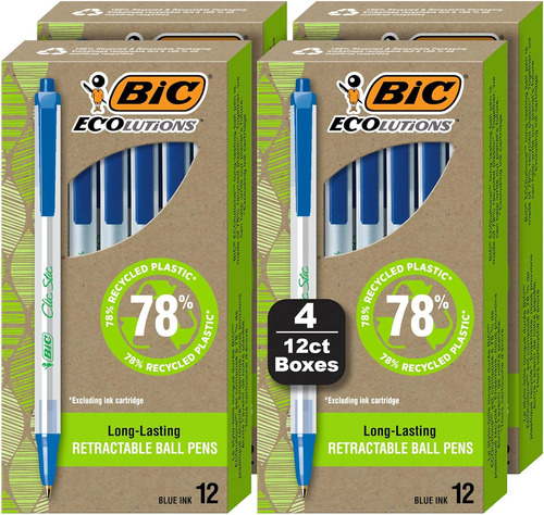 Bic Ecolutions Clic Stic Blue Ballpoint Pens, Medium Poin...