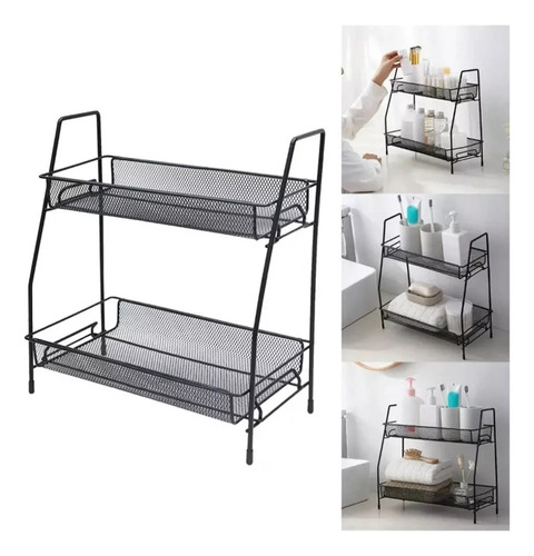 Organizador De Baño 2 Pisos Estantes De Metal Toallas Ducha Color Negro