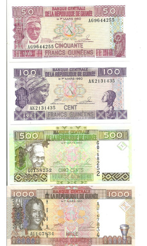 Guinea: Lote 4 Billetes 1985/2006 ¡sin Circular!