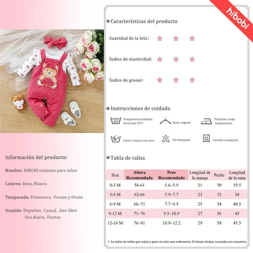 3 Pcs Conjunto Tierno Bebé Con Estampado De Osito Y Diadema Rosa 0-3 M