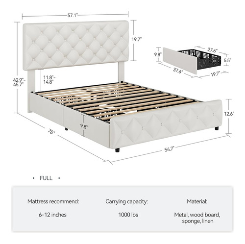 Base De Cama Matrimonial Idealhouse Tapizada En Lino Blanco