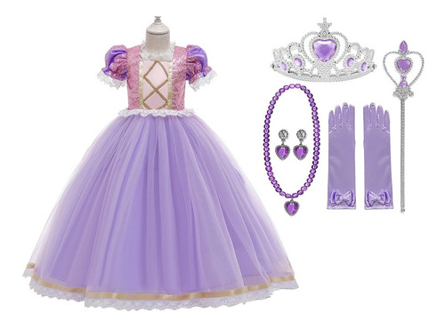 Vestido Rapunzel Enrolados + Brincos Colar Vara Luvas Coroa