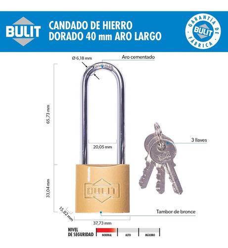 Candado De Hierro Dorado Bulit 40mm Aro Largo