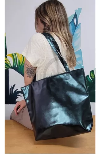 Cartera Metalizada Bolso Tote Bag Grande Ecocuero Pu Mujer