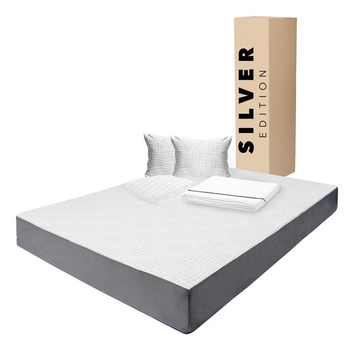 Colchón Matrimonial 20 Cm + Sábanas, Protector Y Almohada Blanco Con Gris
