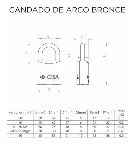 Candado Plano De Arco 60mm De Laton Con 2 Llaves Cisa