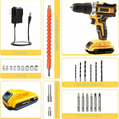 Taladro Atornillador Percutor Inalambrico Recargable Maletin Negro/amarillo 50hz/60hz