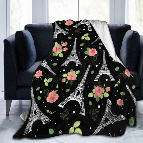 Manta Diseño De Torre Eiffel De París Y Rosas (negro)...