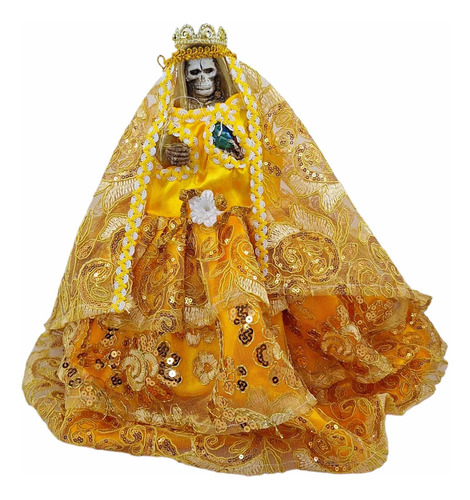 Figura Santa Muerte Dorada Con Vestido Curado 30 Cm + Corona