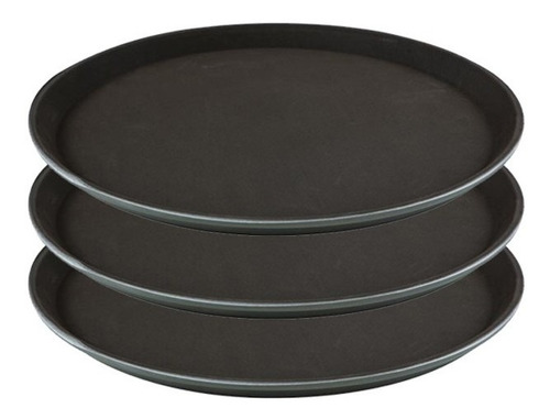 Imagem 1 de 7 de Kit 3 Bandejas Redonda Antiderrapante Para Garçom Preta 40cm