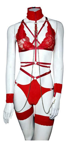 Lencería Conjunto De Encaje Bralette Collar Arnés Velvetlabs Rojo Encaje Xxl