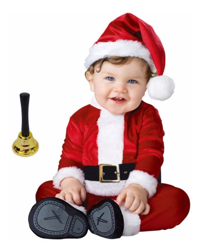 Roupa Fantasia Papai Noel Bebê Infantil Veludo Luxo + Sino 