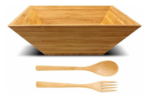 Ensaladera Bambu Utensilio Cuenco Rectangular Tenedor