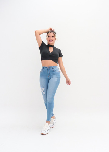 Imagen 5 de 10 de Jeans Tiro Alto Azul Flecos Stretch Dama Skinny Levantacola