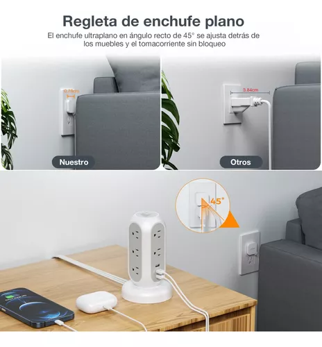 Regleta de alimentación de enchufe plano, cable de extensión ultra