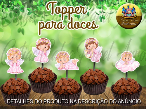 50 Topper Tags Para Doces Anjinha Rosa Batizado Menina