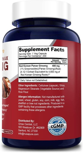 Imagen 2 de 7 de Ginseng Rojo Coreano Panax 4800mg Nusapure 200 Capsulas