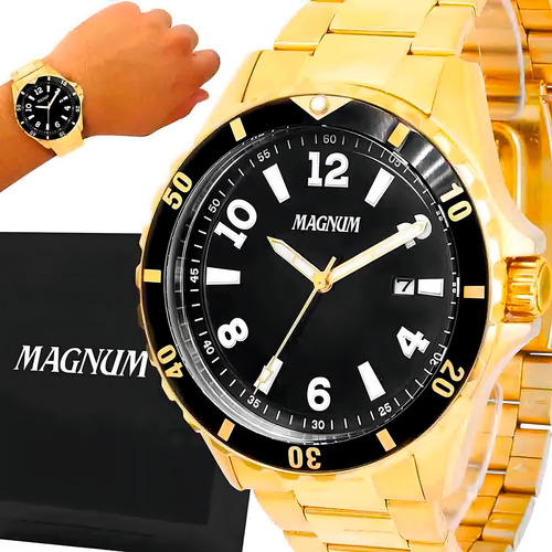 Relógio Magnum Masculino Analógico Dourado Social Clássico MA35002U Prova D'agua