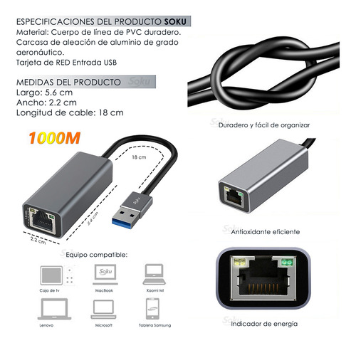 Adaptador Usb 3.0 Rj45 Ethernet Lan Red 1000 Mbps Velocidad