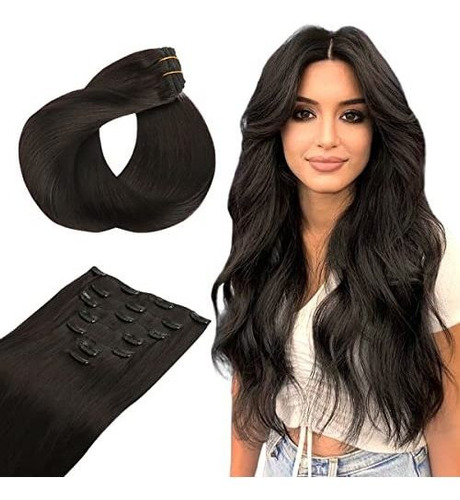 Extensiones De Cabello Clip Negro Natural Humano 24  120g