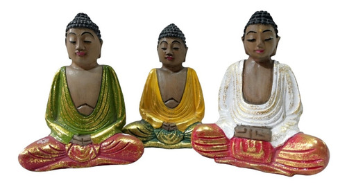 Figura Decorativa Set De 3pz Budas De Colores Madera Tallada