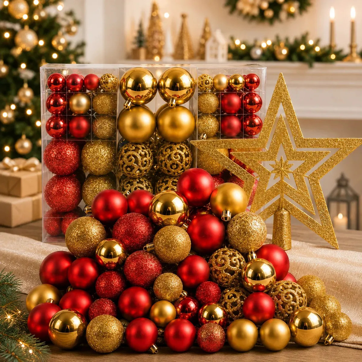 Kit 100 Bolas + Estrela Pendentes P/ Decoração Árvore De Natal Bolinhas Dekasa Premium Lisas/foscas/glitter - Mesclado Vermelho E Dourado