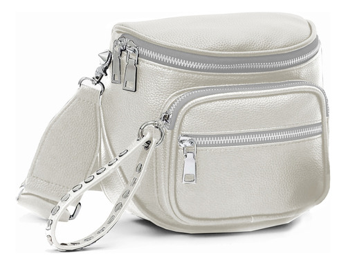 Bolsa Transversal Feminina Espaçosa Menina Moda Tendencia Acambamento dos ferragens Prata Cor Branco Correia de ombro Branco Desenho do tecido Lisa