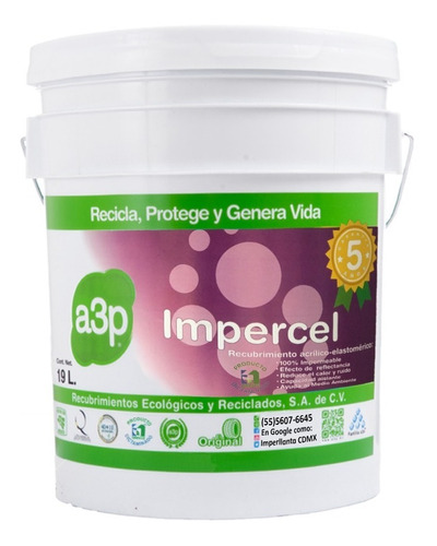 Imagen 1 de 5 de Recubrimiento Impermeable A3p Impercel Cubeta 19 Lts