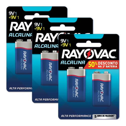 06 Pilhas Bateria 9v Alcalina Rayovac 3 Cartelas