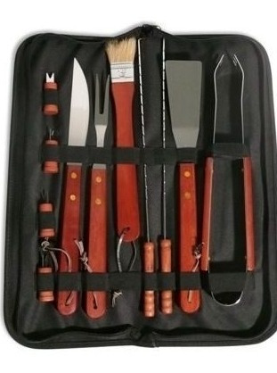 Set De Asado Parrilla  Completo Estuche Cordura Mango Madera