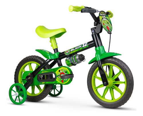 Bicicleta urbana infantil Nathor Black 12 freios tambor cor preto/verde com rodas de treinamento