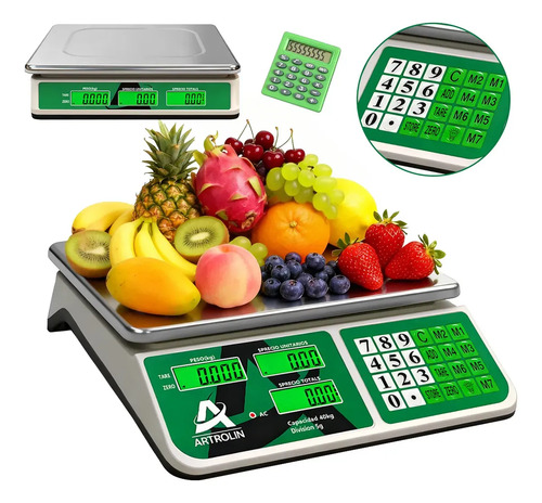 Báscula Comercial Digital de 40 kg Recargable batería 3 Lcd Tecla Tara Color Blanco con Pesaje Inicial Desde 5 gramos 30.5 cm x 22 cm ARTROLIN