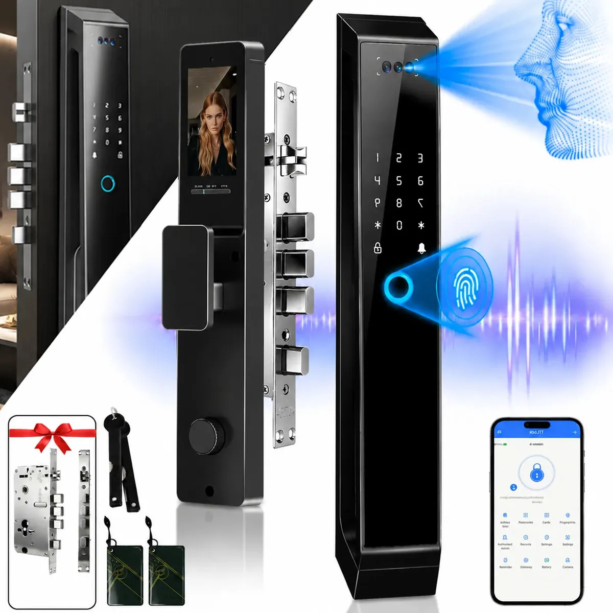 Lokooy Cerradura Inteligente With Facial Recognition 3d, Videocámara & Timbre Cerradura Digital, 6 In 1 cerradura electronica ,Sin Llave, For Puerta De Entrada, Control Remoto For 