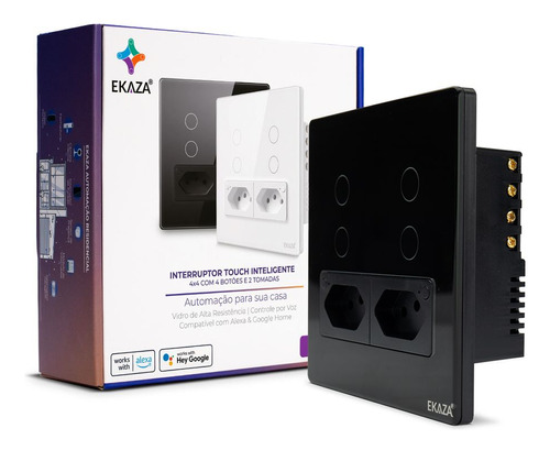 Interruptor Touch 4x4 Wifi 4 Botões Com Tomada Alexa Google Cor Preto