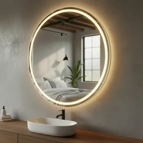 Espelho Redondo Jateado LED 3 Cores Lapidado 50x50 Salão — R$ 124,90 em Mercado Livre, 38% OFF