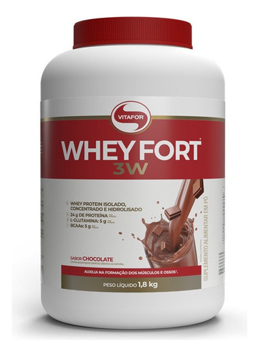 Whey Fort 3w Pote 1,8kg - Vitafor Sabor Chocolate