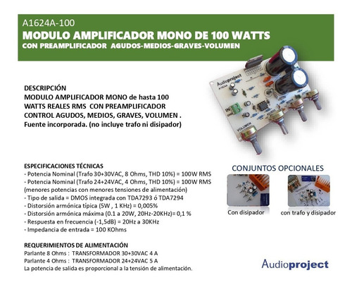 Imagen 7 de 8 de Modulo Amplificador Mono 100 Watts Con Pre - Audioproject