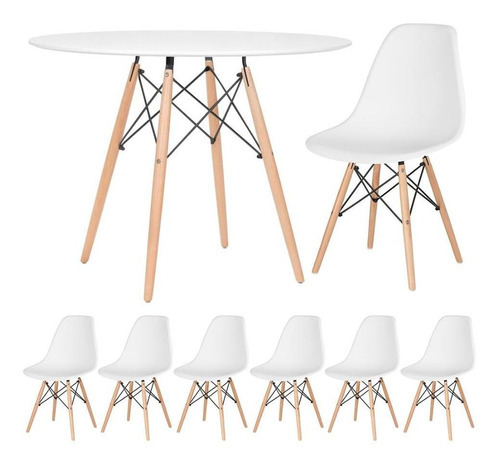 Kit Mesa Jantar Eames Wood 100 Cm 6 Cadeiras Eifel Cores Cor Mesa Branco Com Cadeiras Branco