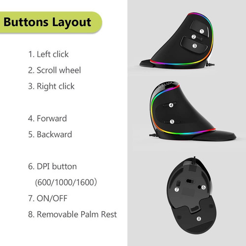 Mouse Ergonômico Rgb Fio Mouse Vertical Grande Com 6 Botões